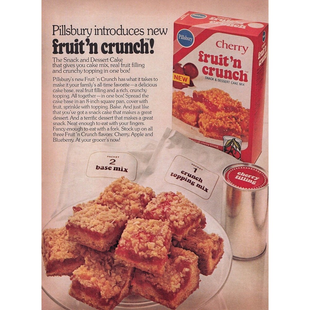1972 Pillsbury Fruit n 'n Crunch Cherry Cake Mix Vintage Food print Ad decor art